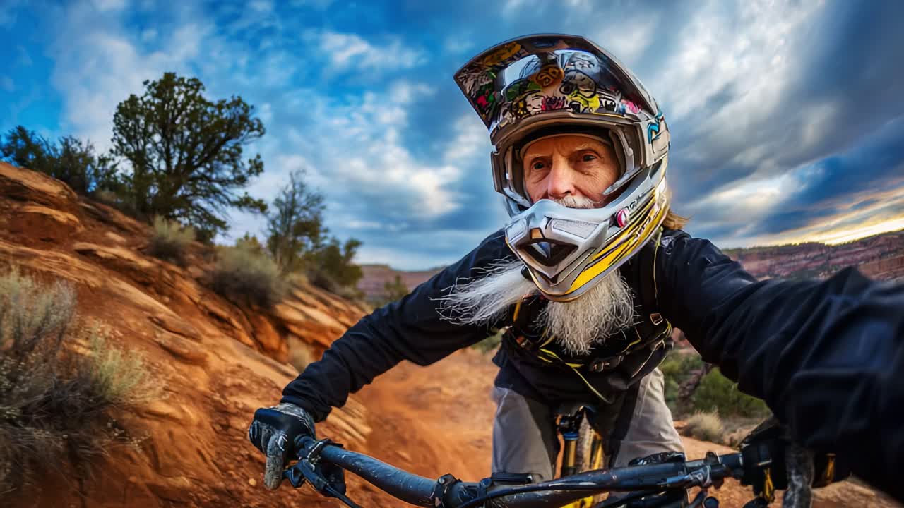 An adventurous mountain biker with a striking white beard navigates a winding dirt trail, showcasing his passion for extreme sports against a dramatic sky backdrop