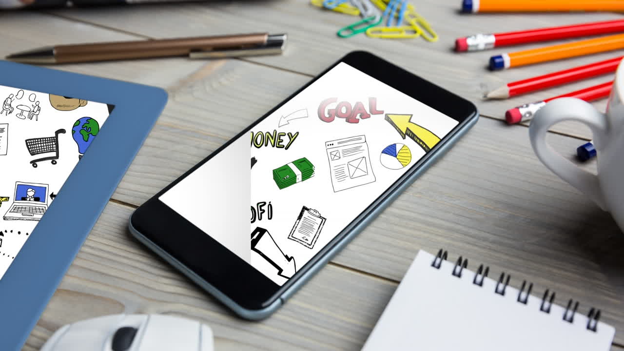 スマートフォンの画面に ビジネスアイコンを表示する 金融データ処理のアニメーション