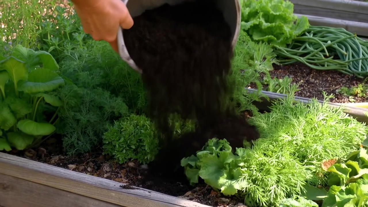 Mani che versano compost in un'aiuola rialzata. Primo piano di terra scura che scende a cascata su erbe aromatiche fresche e lattuga.