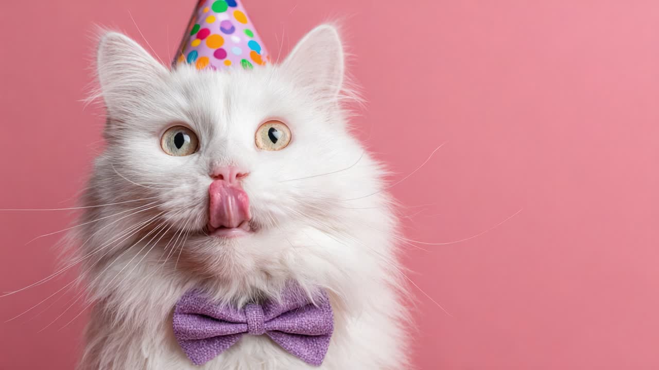 Adorable White Cat Celebrating with a Colorful Birthday Hat and Bow Tie, Captured in a Cheerful Pink Background, Exuding a Fun and Playful Vibe