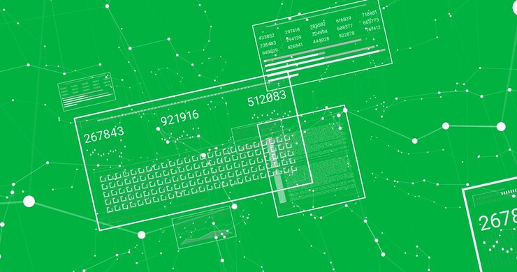 Animation of numbers changing and data processing on computer screens over transparent background