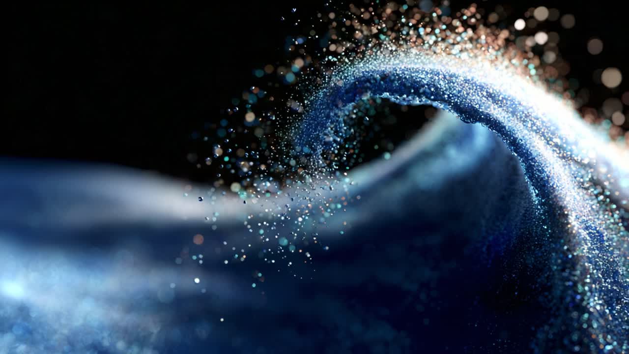 A captivating visual of waves where sparkling particles create a mesmerizing effect, illustrating the beauty and fluidity of water in a stunning light display against a dark background