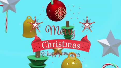 animation of christmas greetings text over christmas decorations on blue background