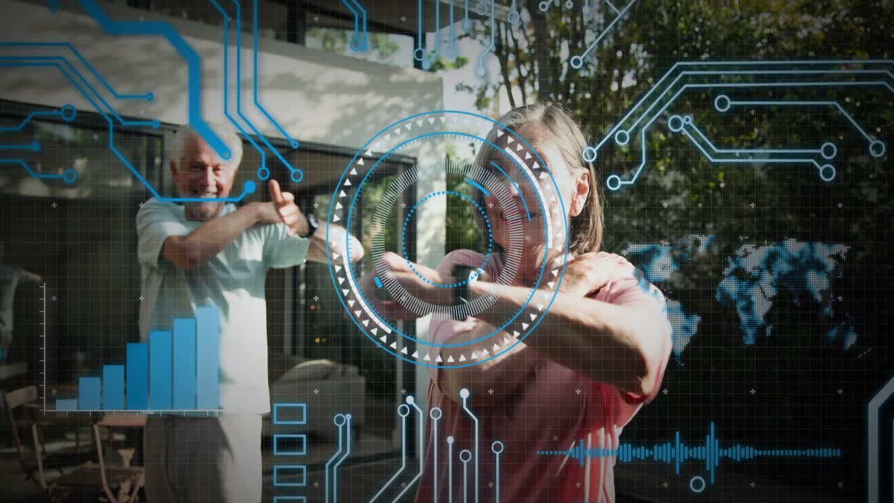 Two seniors doing guided stretching on deck by pool, tapping watches starting HUD sync for health