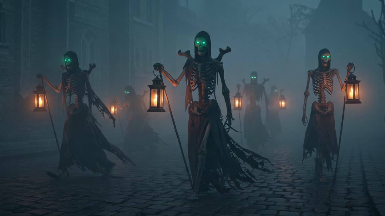 Un'inquietante processione di figure scheletriche, illuminate da occhi verdi incandescenti e che portano lanterne, attraversa un sentiero nebbioso e acciottolato in un'ambientazione dall'atmosfera spettrale.