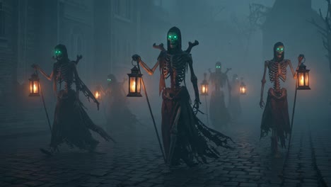 An eerie procession of skeletal figures, illuminated by glowing green eyes and carrying lanterns, traverses a misty, cobblestone pathway in a hauntingly atmospheric setting