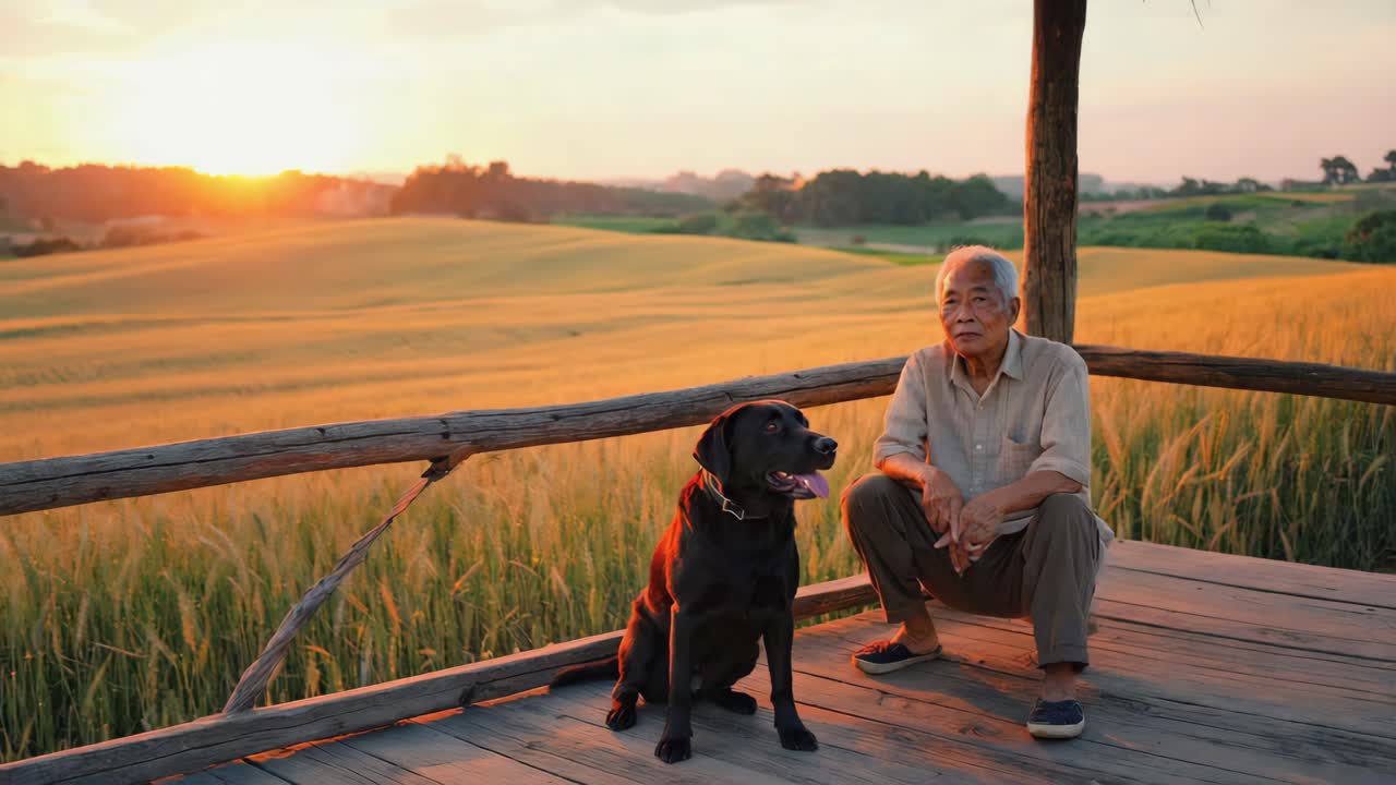 Senior Man and His Black Labrador Enjoying a Sunset in a Golden Field