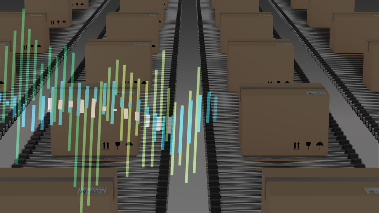 컨베이어 벨트에 있는 상자 위에서 금융 데이터 처리의 애니메이션