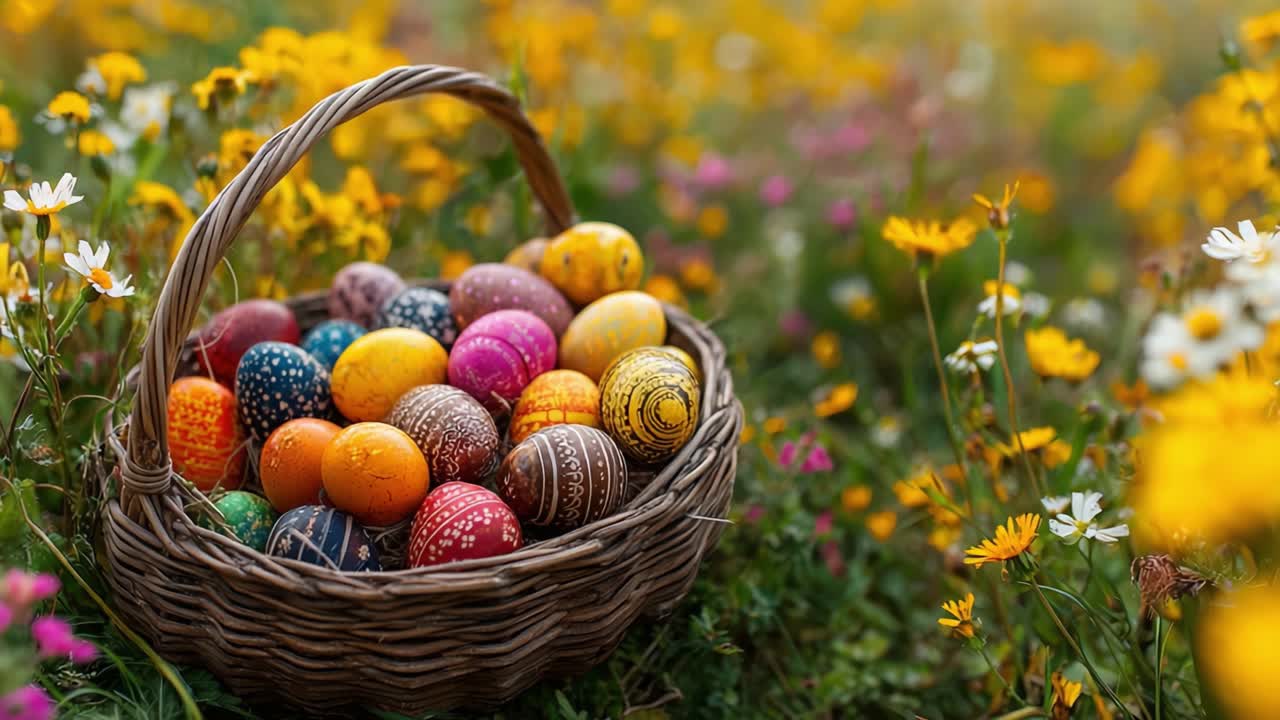 A Vibrant Display of Ornately Decorated Eggs Nestled in a Woven Basket Surrounded by Lush Spring Flowers in a Scenic Outdoor Setting