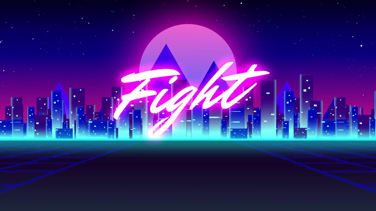 Animation vintage video game screen with word fight written