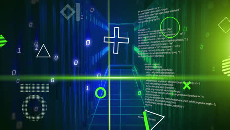 Animation-Rotierender-Formen,-Grüner-Scannerstrahlen-Und-Der-Verarbeitung-Von-Daten-über-Dem-Serverraum