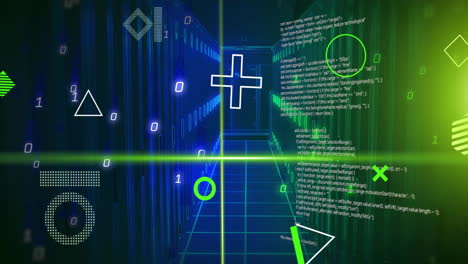 animación de formas giratorias, rayos de escáner verdes y procesamiento de datos en la sala del servidor