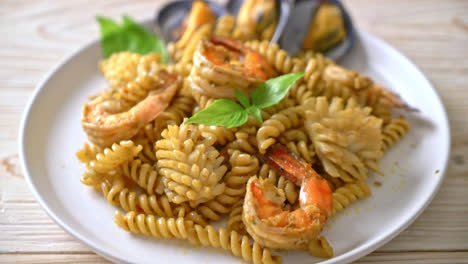 pasta en espiral salteada con mariscos y salsa de albahaca - estilo comida fusión