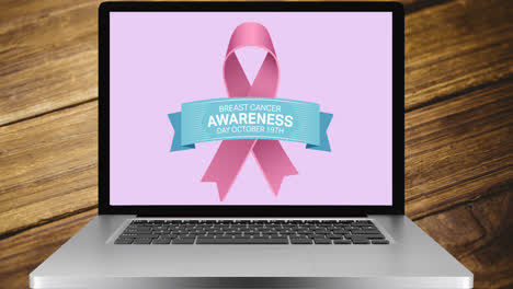 Animation-of-pink-ribbon-logo-and-breast-cancer-text-on-laptop-screen