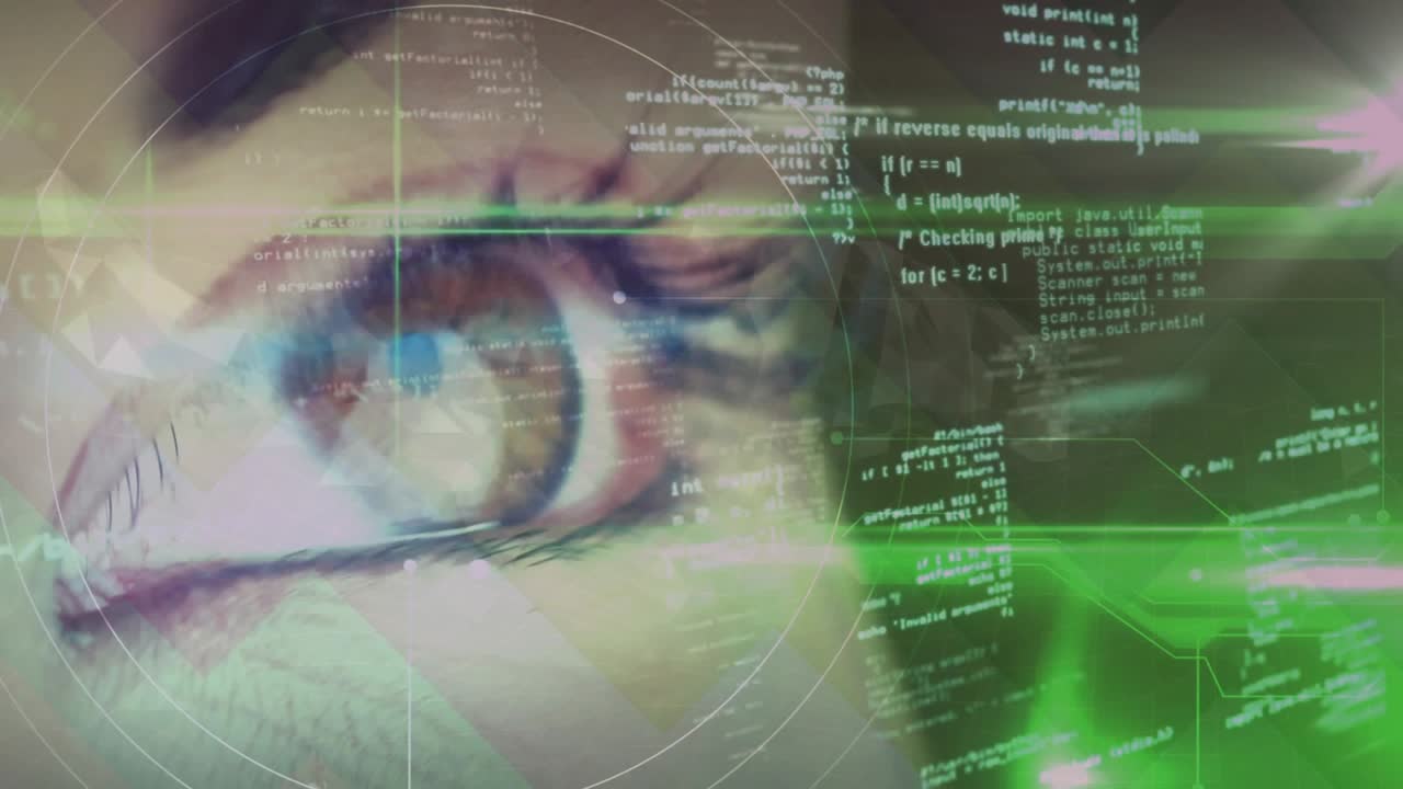 Single hazel eye tracking on HUD overlays appearing scrolling green bands pulsing analyzing data