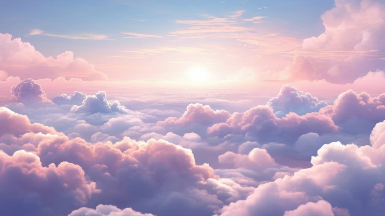 A serene, pastel-colored sky with fluffy clouds at sunrise, captured from a high angle