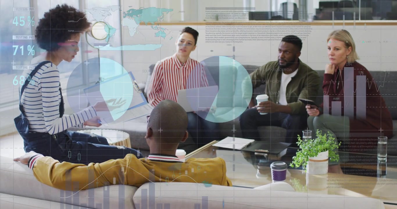 Lead flipping binder and guiding business team in lounge, causing animated charts showing metrics
