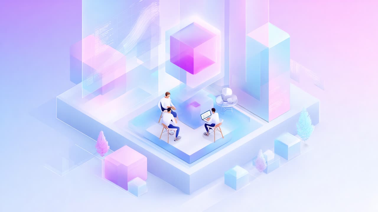 A Vibrant Scene of Collaboration and Technology: Two Individuals Engaged in Creative Work Amidst a Futuristic Environment of Geometric Shapes and Colorful Elements