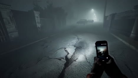 haunted foggy street at night