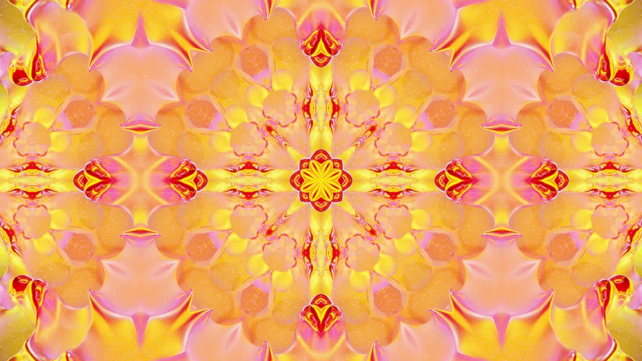 Motivo liquido ondulato, caleidoscopico con onde o mandala, gradiente multicolore. Elegante sfondo astratto 3D in loop, struttura simmetrica ondulata di liquido brillante. Animazione fluida colorata di tendenza 4K.