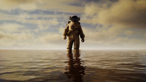 Spaceman-in-the-sea-under-clouds-at-sunset