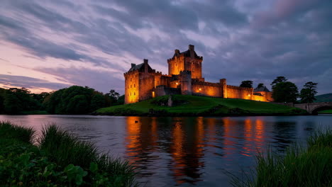 illuminated castle reflecting in water at twilight