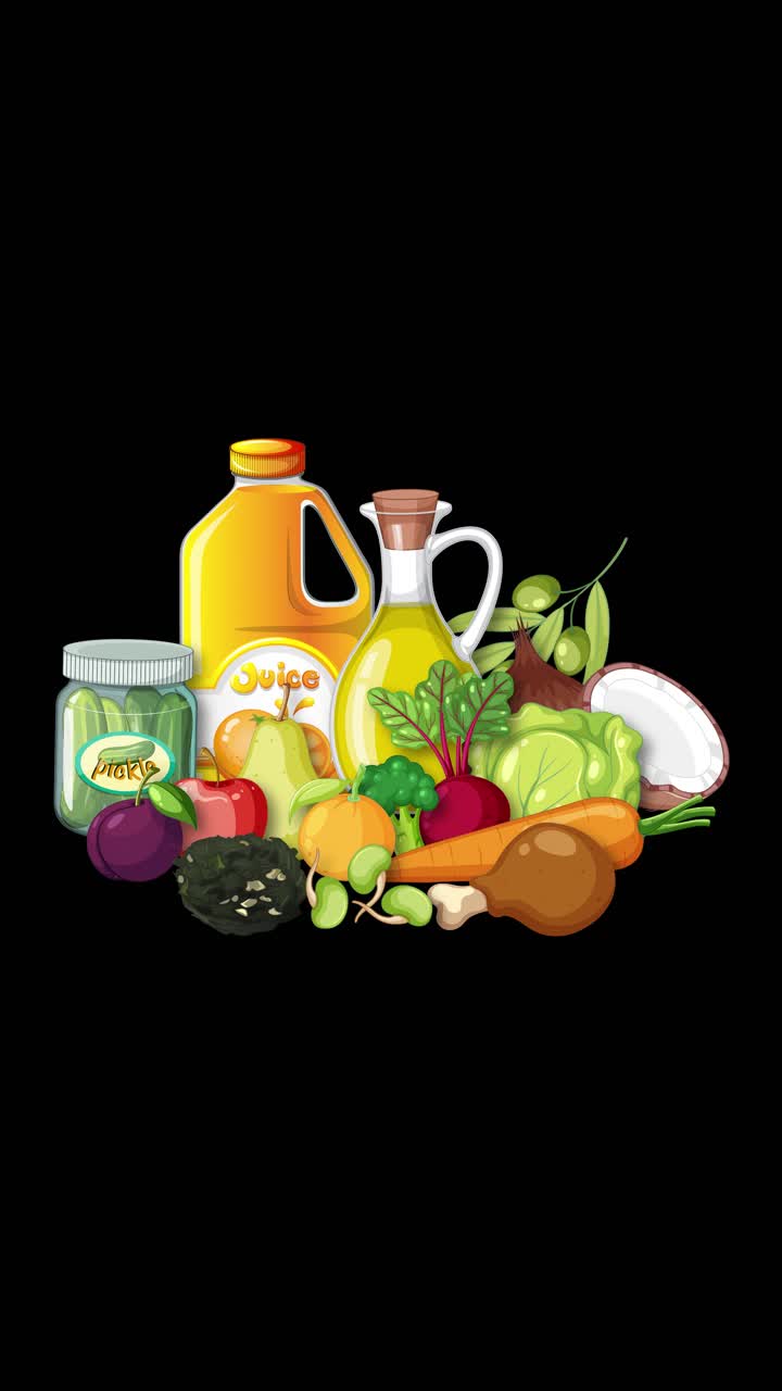 Vari frutti crudi, verdure e oli appaiono gradualmente, formando una colorata composizione di alimenti sani.