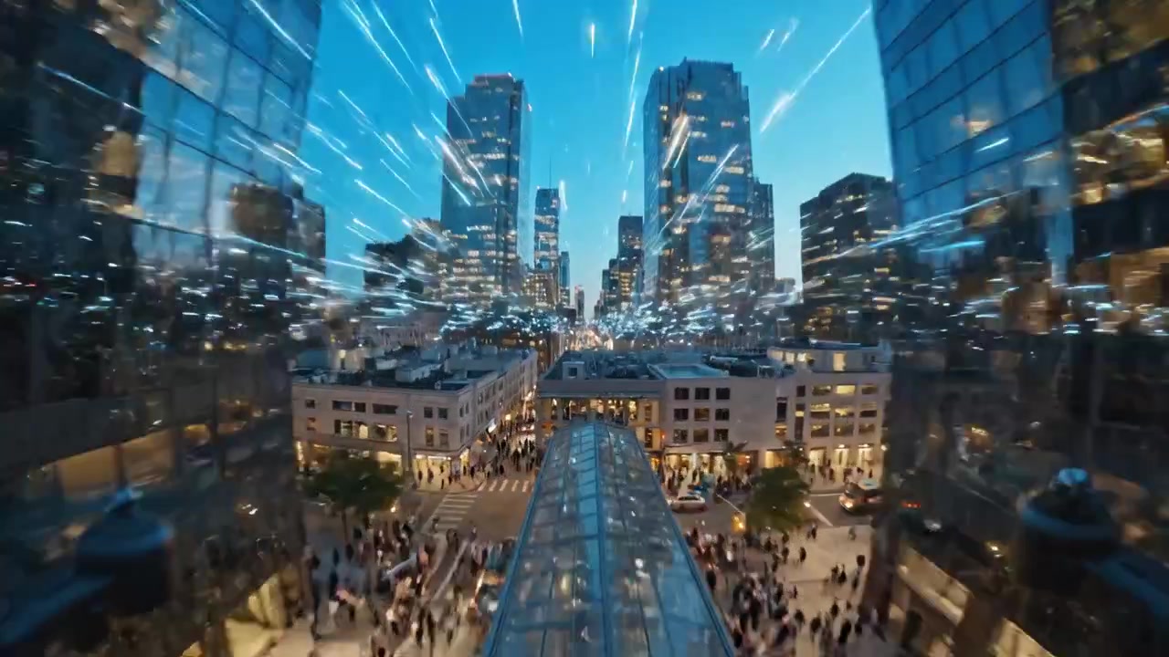Dynamisk bybilde om natten: En fantastisk visuell reise gjennom urbane tårn og lysende gater med pulserende liv og arkitektoniske underverker under en skumringshimmel