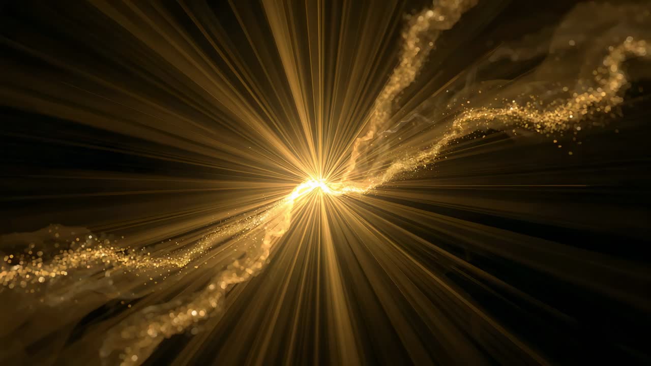 Streaming twin gold seams heading to center flare in dark void, thickening into mist, rays growing