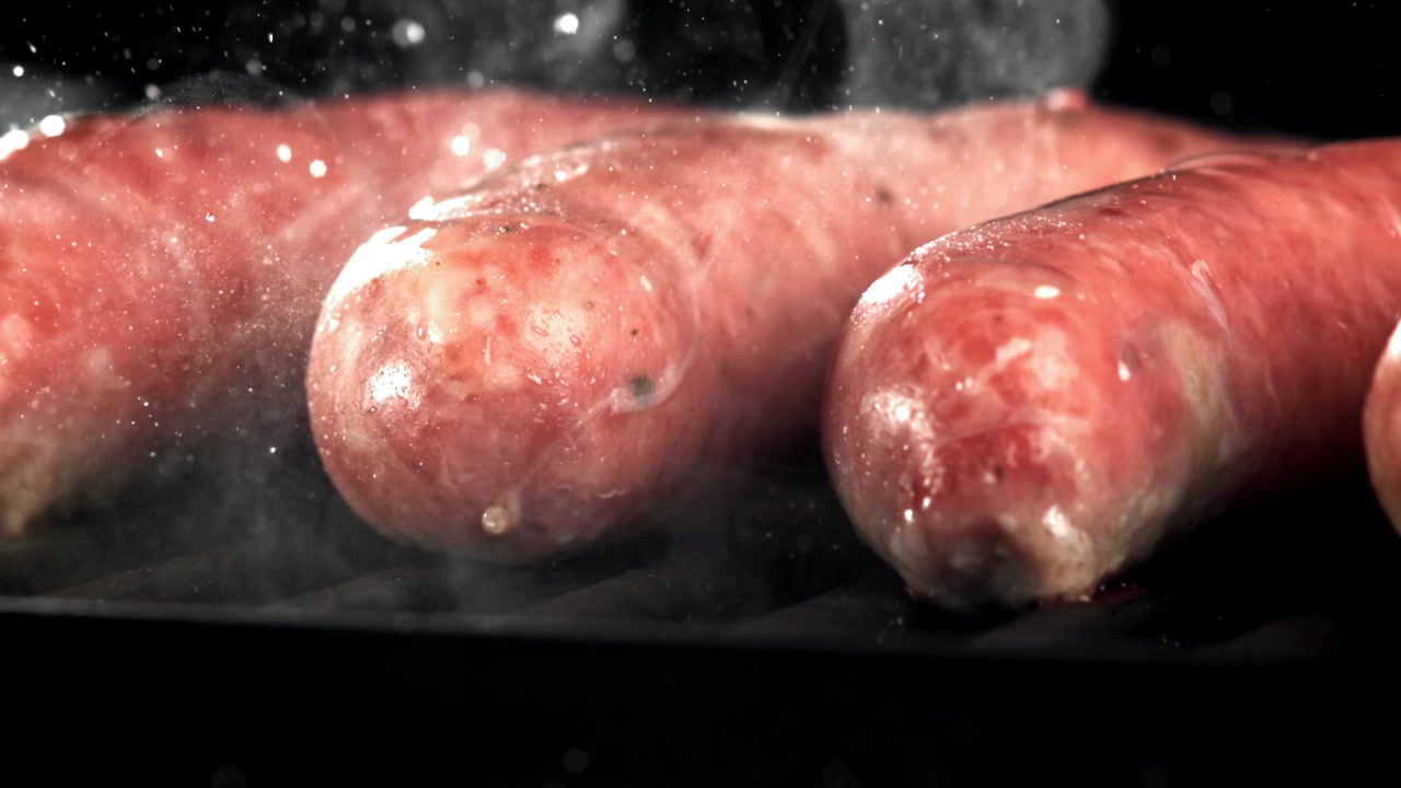 Salsicce crude che sfrigolano e fumano su una padella grill calda
