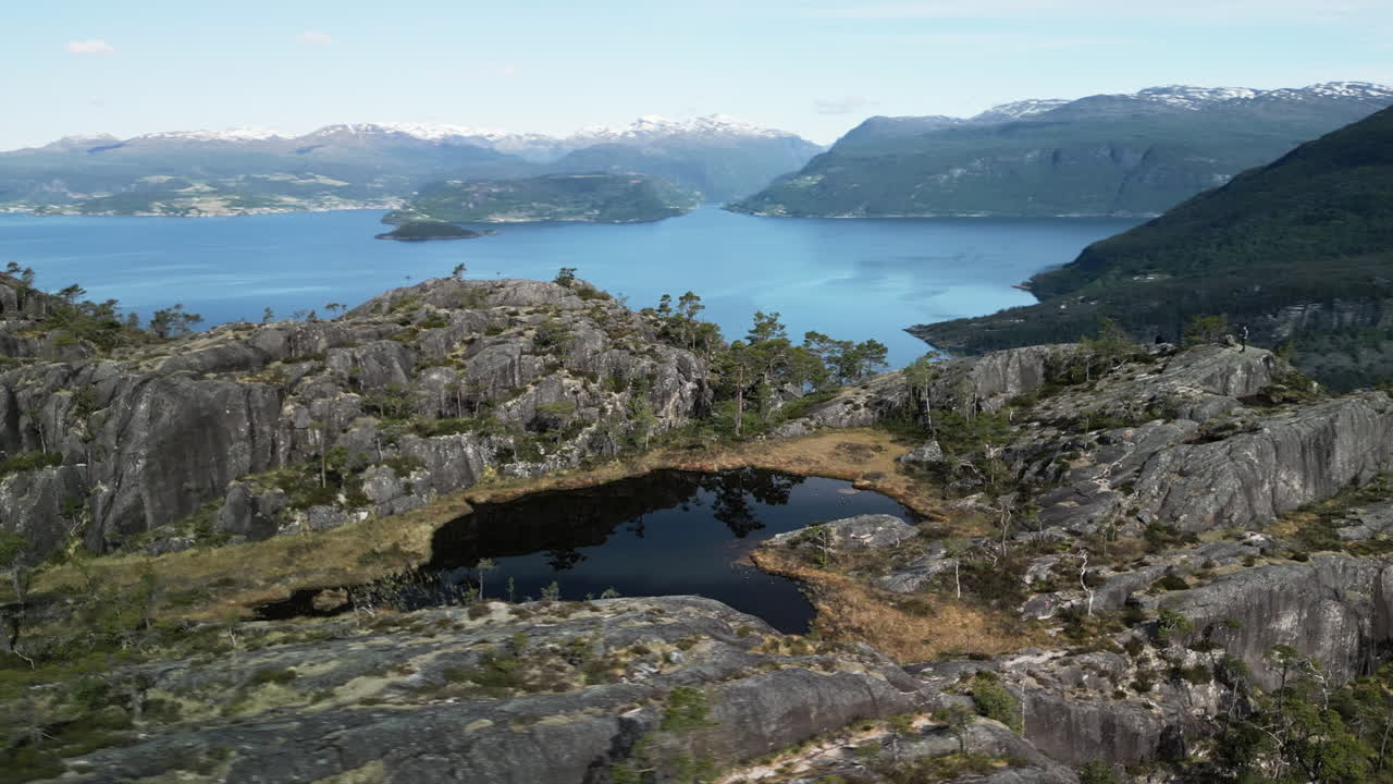 Drone footage of a secluded lake on Haugsvarden (mountain) in Norway. The camera pans around the lake, revealing the vast and rugged landscape of the Jondal region on the Hardangerfjord