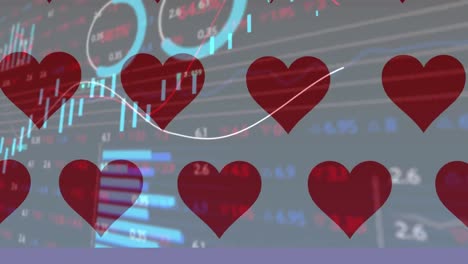 animación del procesamiento de datos financieros sobre filas de corazones rojos