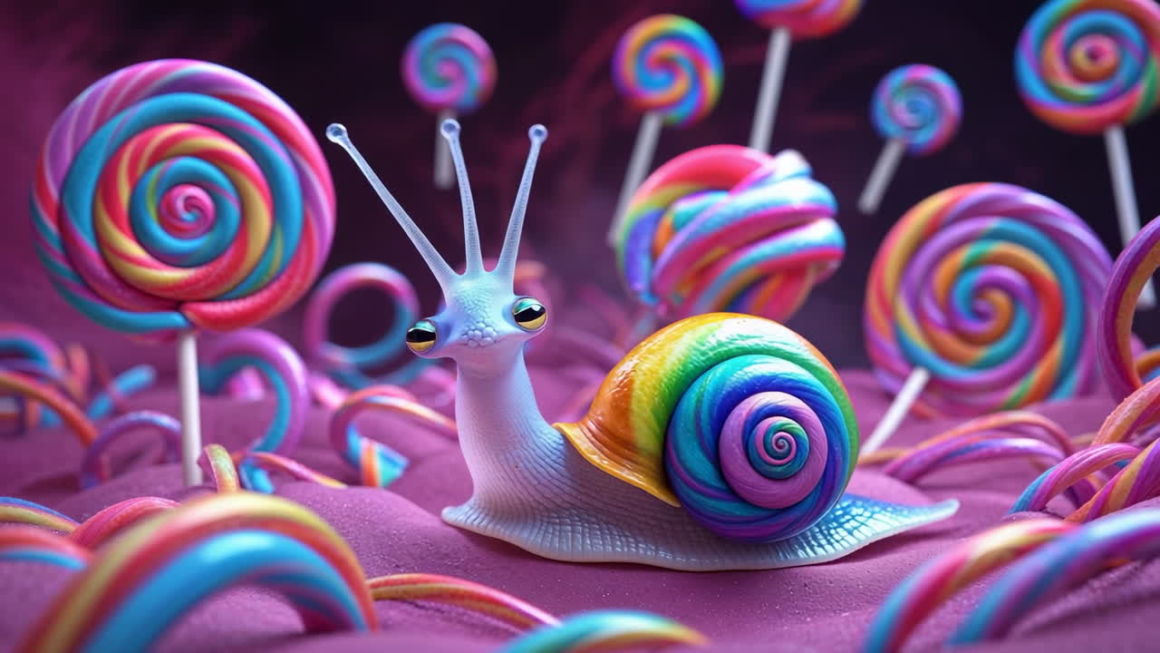 A whimsical scene featuring a rainbow-shelled snail in a vibrant candy land