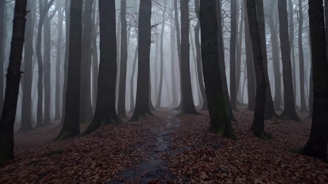 Moody forest video with tall trees enveloped in mist. Captured from a low angle