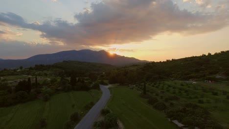 aerial: sunset in the mountains of the greek island samos