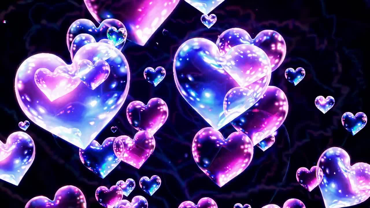 A video of glowing, translucent hearts in pink and blue floating in a dark space