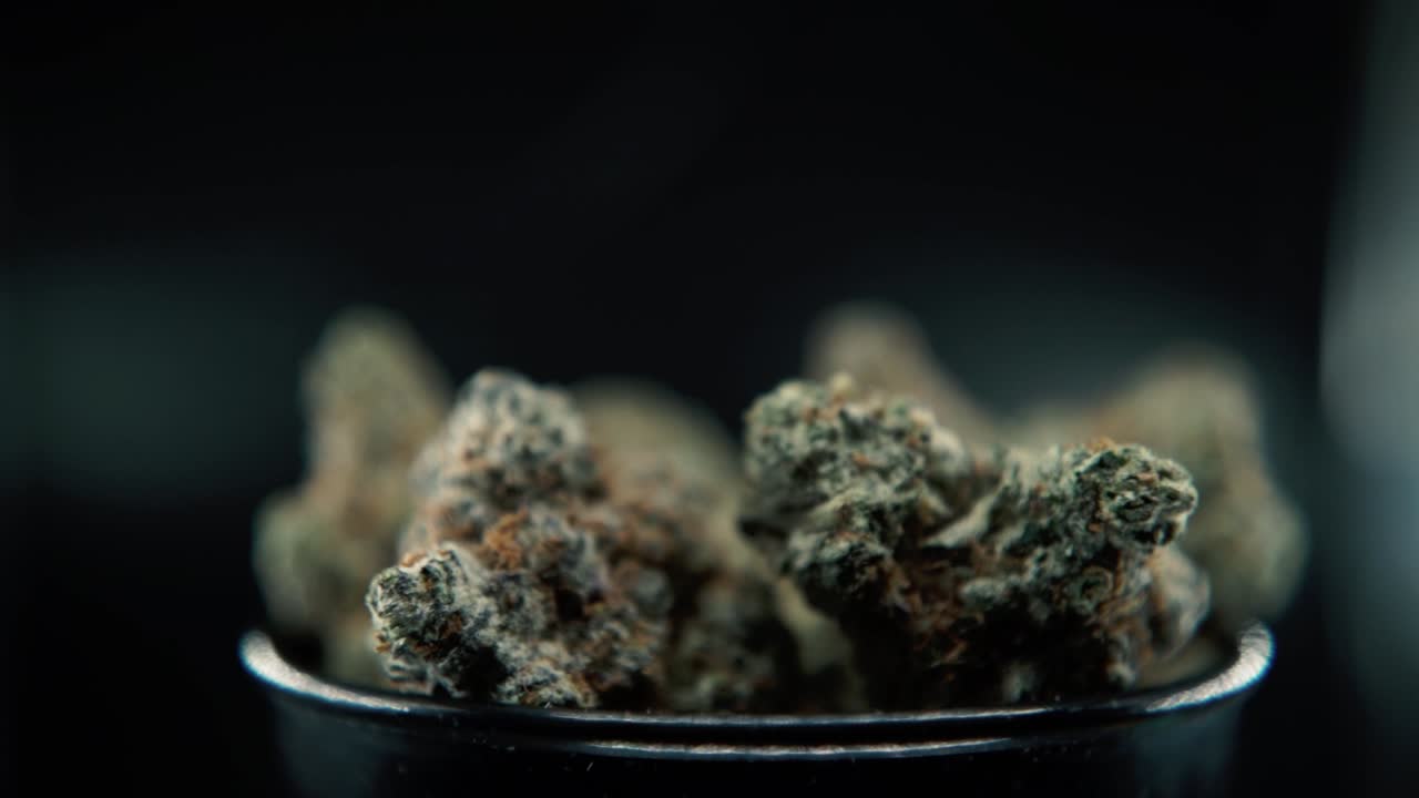 Una ripresa macro dettagliata in TILT DOWN di una pianta di cannabis, varietà ibride arancioni, sativa, infiorescenza di cannabis, su un supporto rotante, Full HD, super slow motion, 120 fps, illuminazione da studio.