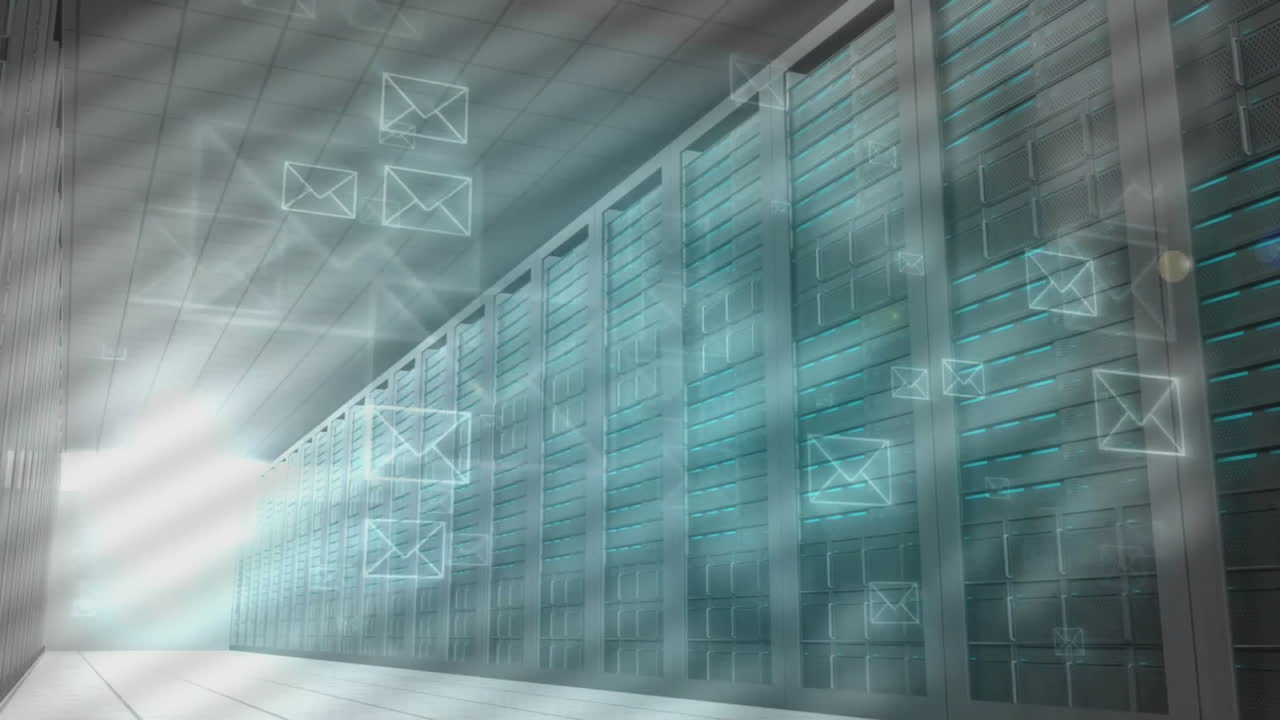 Email icons animation over server racks in data center