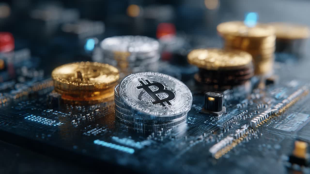 Exploring the Intricate Details of Cryptocurrency: A Close-Up View of Bitcoin Coins on a Circuit Board Background Highlighting Digital Currency Technology