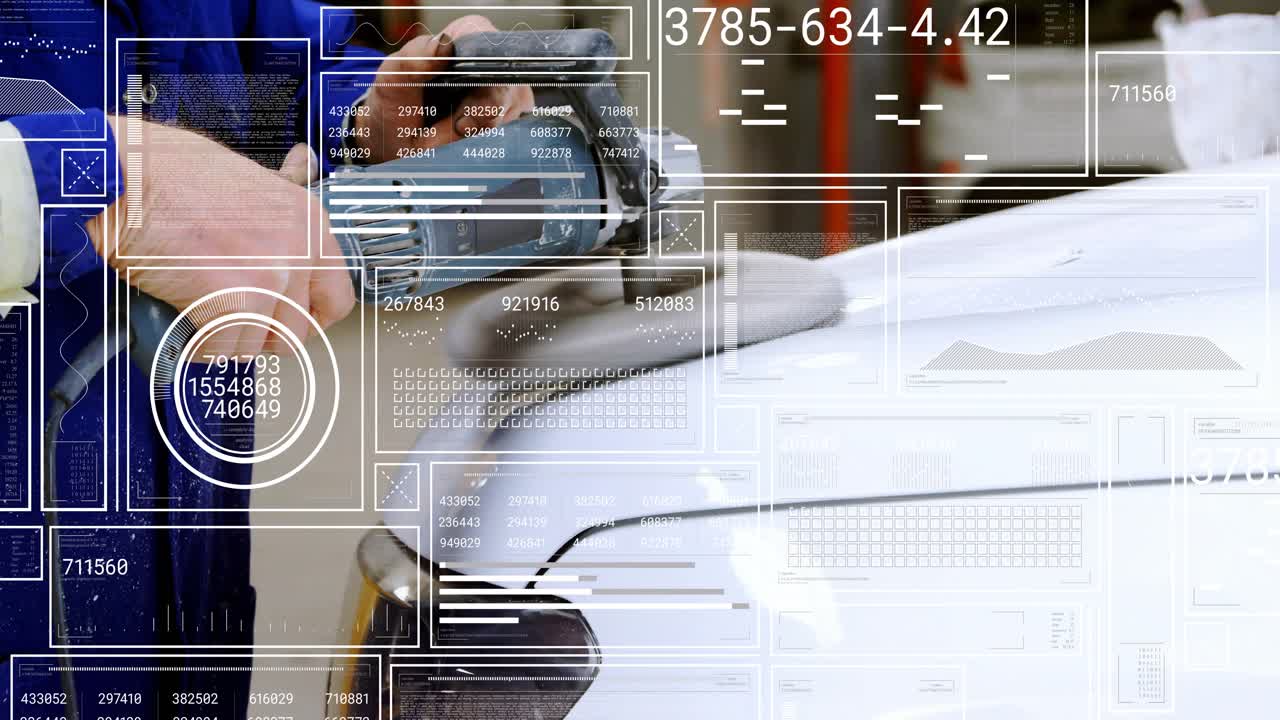 Technician placing rotating pad, sanding hood in auto for refinish while UI overlays tracking area