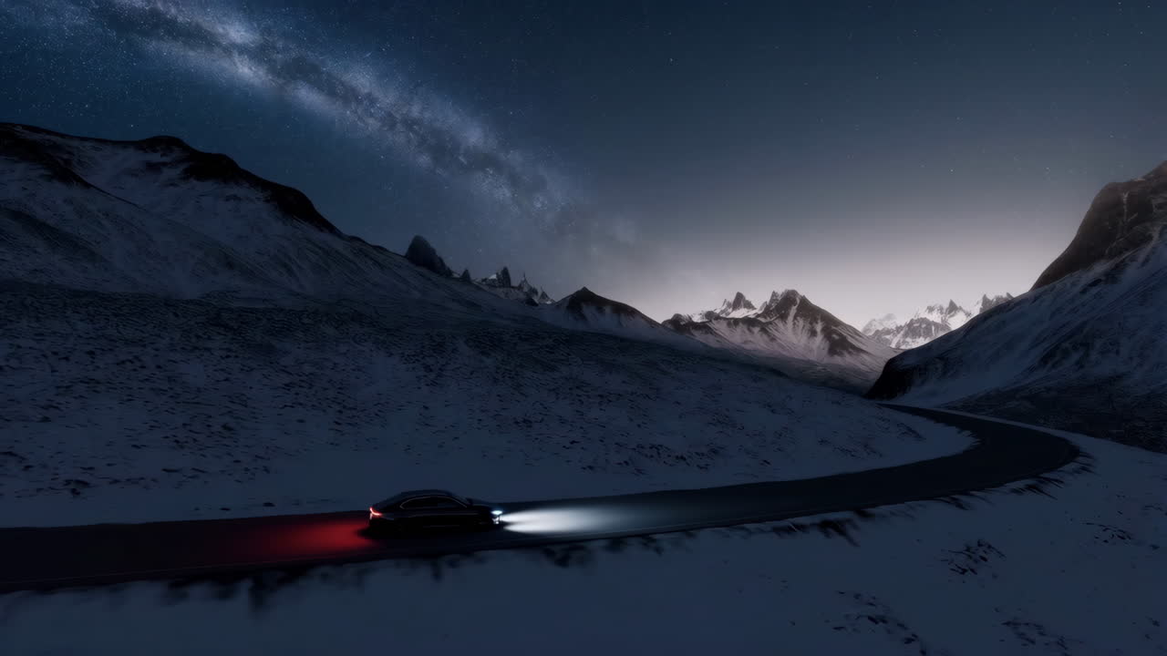 Night Drive Through Snowy Mountains Under the Milky Way