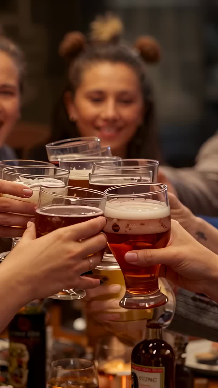 Vertical video: Entering hands joining friends raising glasses at dining table, toasting meal