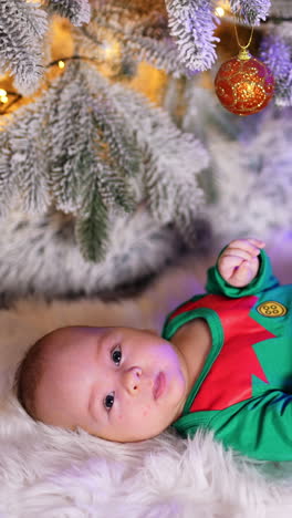 lovely sweet child wearing costume of elf and red socks with moose. adorable newborn boy lying on plaid under new year tree. vertical video