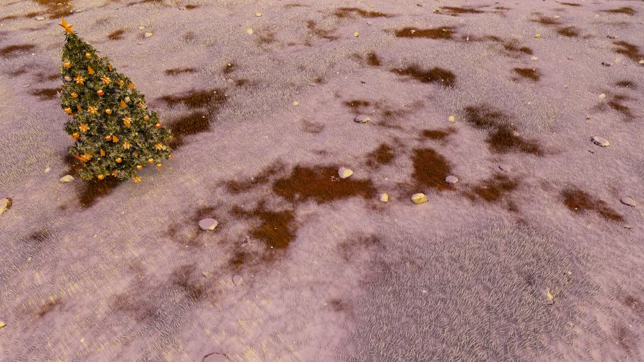 크리스마스 트리가 있는 자연 환경, 눈이 내리고 눈이 내리는 땅 3d 사실적인 애니메이션 일몰 시간 최고 전망