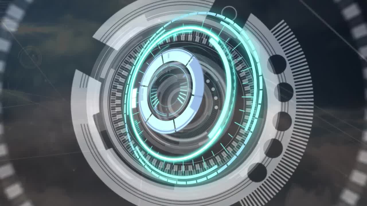 네온 둥근 스캐너와 파란 하늘의 구름에 대한 연결 네트워크