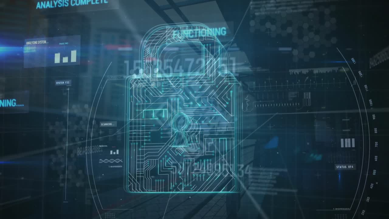 Animation of scope scanning over security padlock icon, network of connections and qr code scanner