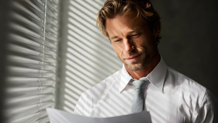 A Thoughtful Businessman Analyzing Important Documents in a Sunlit Room, Highlighted by Unique Shadows Cast from Window Blinds, Showcasing Professionalism and Concentration in His Expression