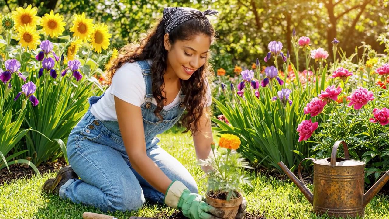 A Passionate Gardener Tending to Vibrant Flowers, Cultivating Nature's Beauty with Care and Dedication in a Sunlit Garden