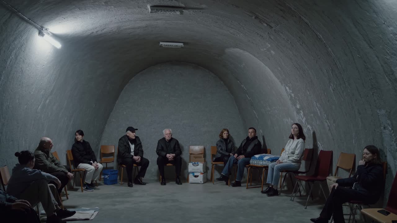 Displaced civilians huddling in dimly lit underground shelter, seeking protection from aerial attacks, displaying profound emotional distress and collective vulnerability