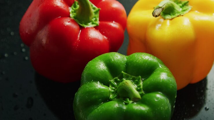 Colorful bell peppers in drops